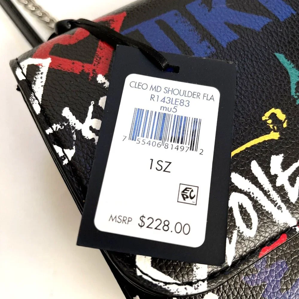 DKNY Cleo Medium Graffiti Crossbody Shoulder Bag Black Multi Logo Chain NWT $230